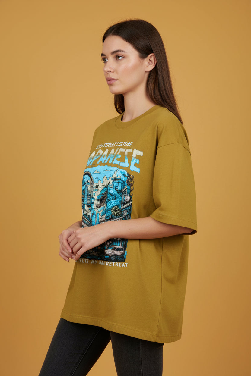 ZotRage mustard yellow heavyweight cotton oversized t-shirt with a blue Japanese city and dragon graphic print