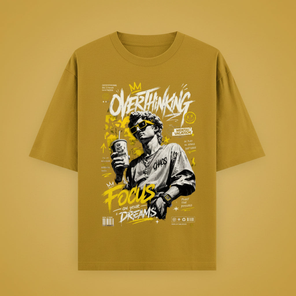 ZotRage mustard yellow heavyweight cotton oversized t-shirt with graphic print of a statue and motivational text