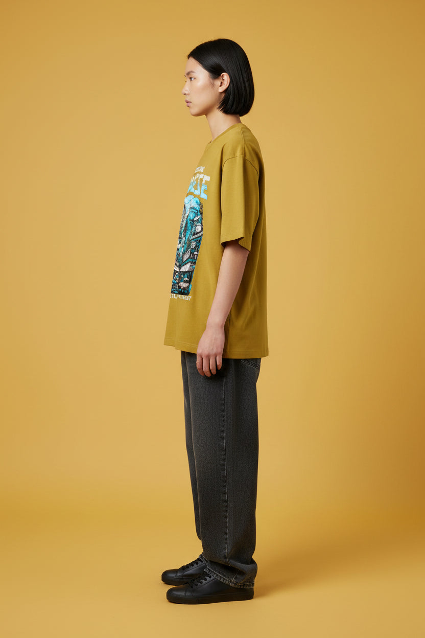 ZotRage mustard yellow heavyweight cotton oversized t-shirt with a blue Japanese city and dragon graphic print