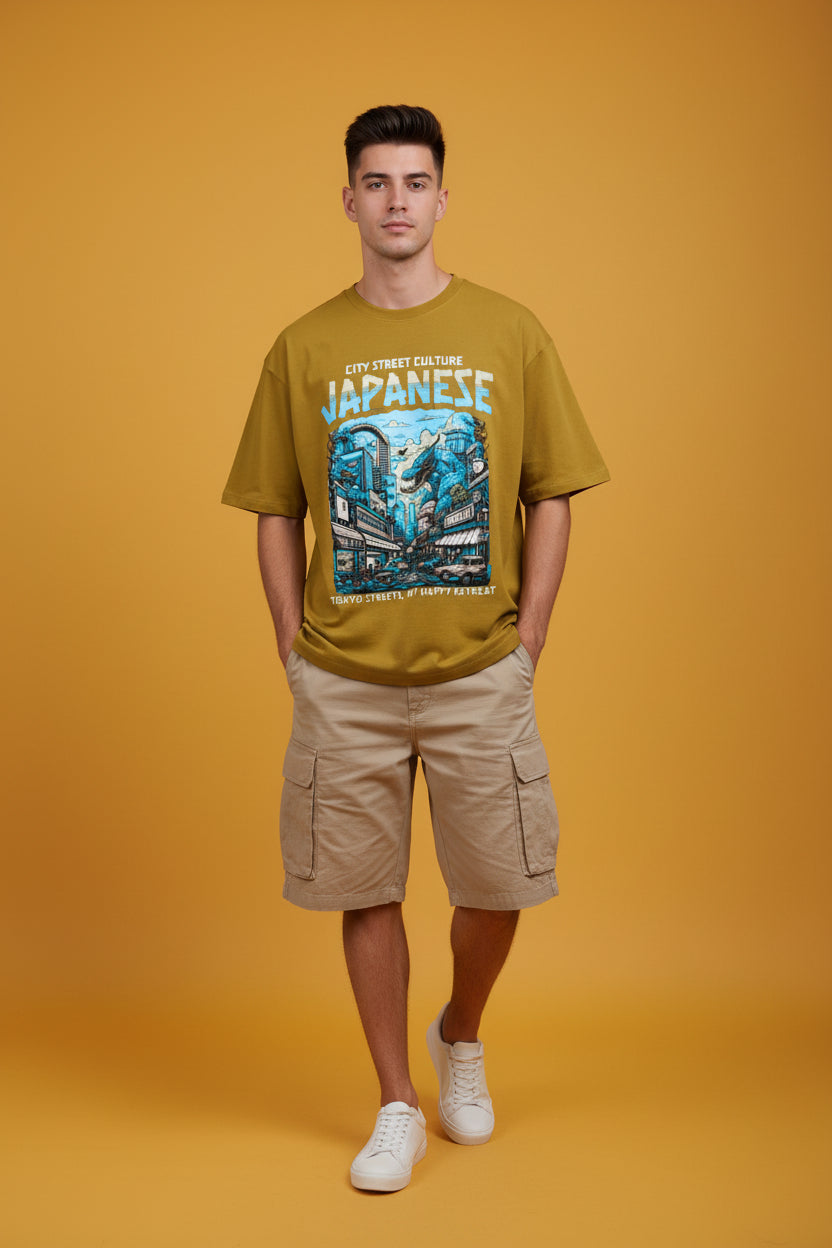 ZotRage mustard yellow heavyweight cotton oversized t-shirt featuring a blue Japanese city street and dragon graphic.