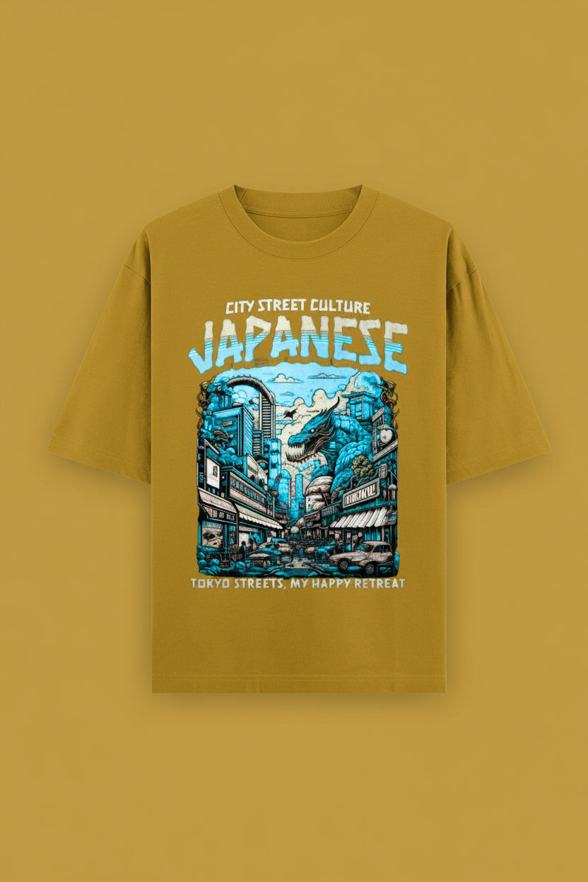 ZotRage mustard yellow heavyweight cotton oversized t-shirt with a blue Japanese city and dragon graphic print