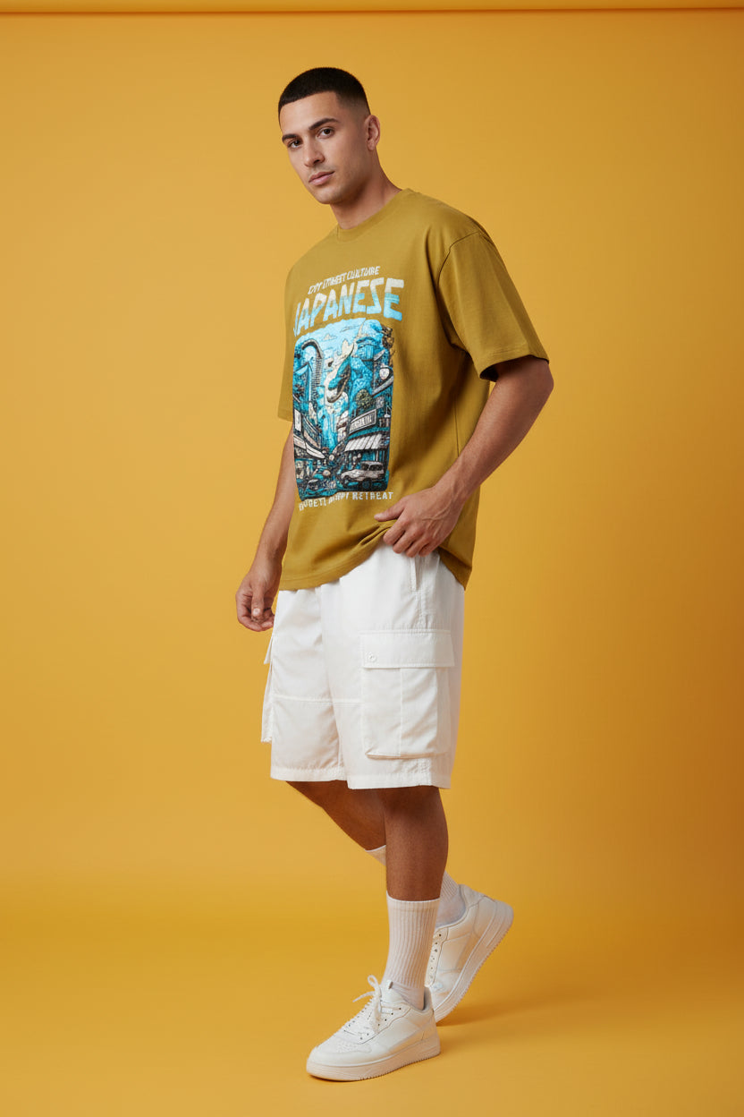 ZotRage mustard yellow heavyweight cotton oversized t-shirt with a blue Japanese city and dragon graphic print