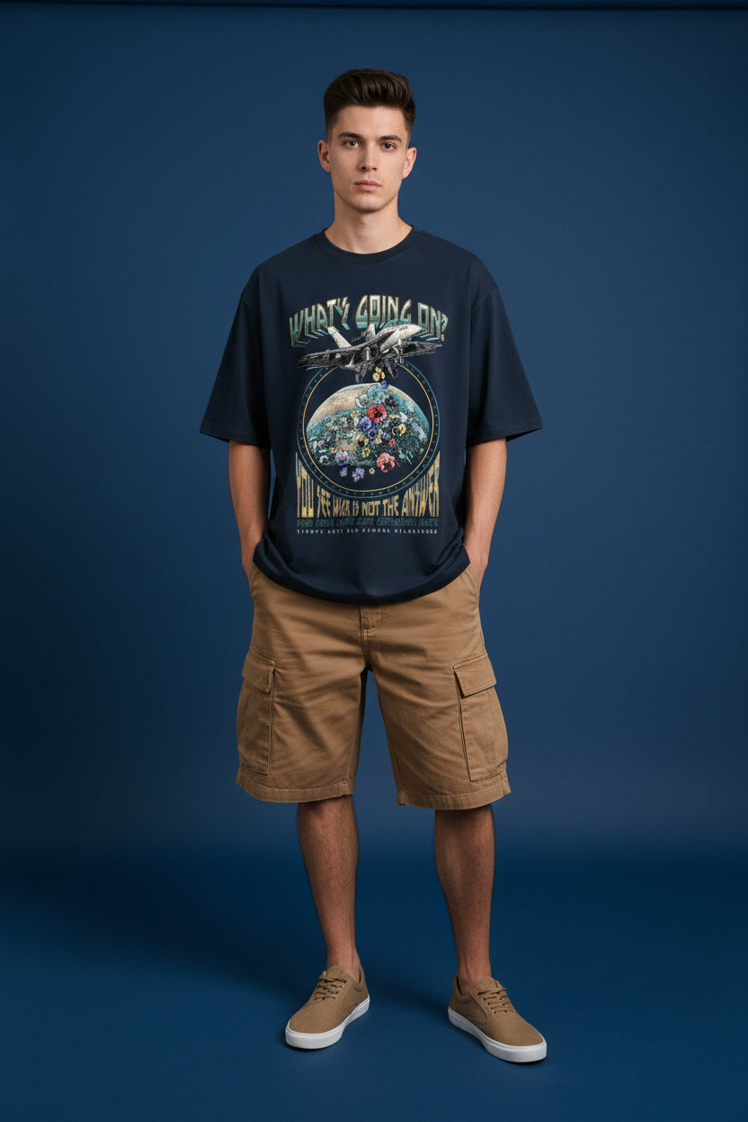 ZotRage navy blue oversized cotton t-shirt featuring a graphic print of a fighter jet over flowers and text.