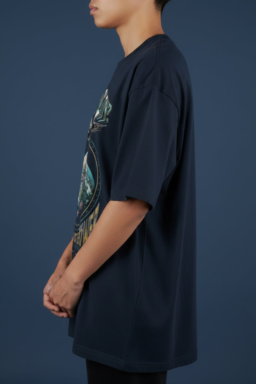 ZotRage navy blue oversized cotton t-shirt featuring a graphic print of a fighter jet over a floral globe
