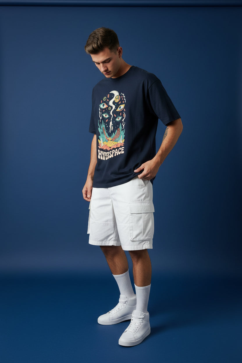 ZotRage navy blue oversized cotton t-shirt featuring a surreal Hyperspace graphic print with cosmic eyes and a figure.