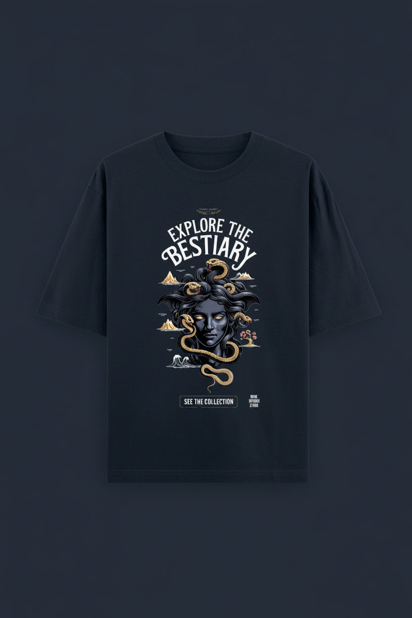 ZotRage navy blue oversized cotton t-shirt featuring a graphic print of Medusa with snakes and landscape elements.