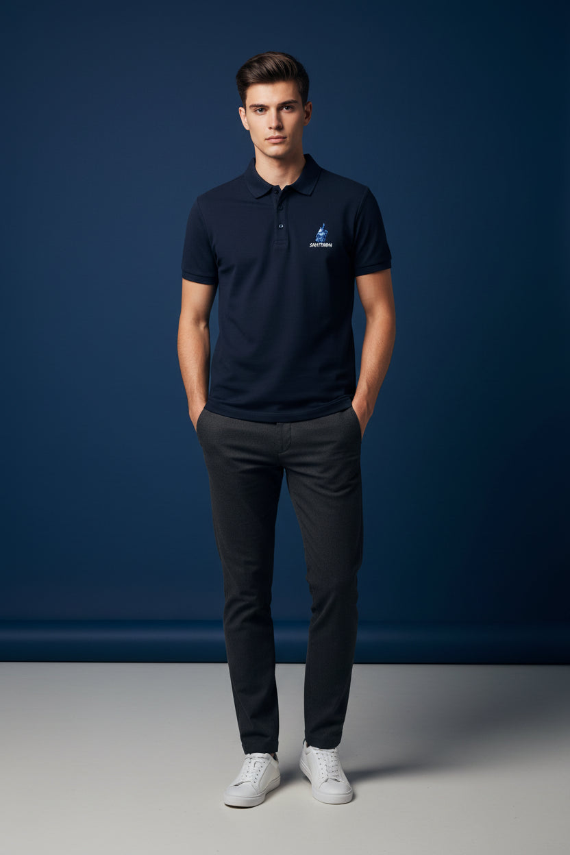 ZotRage navy blue Santorini polo shirt in 100% cotton Airtex fabric with a structured collar and chest embroidery.