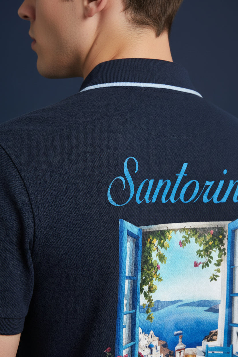 ZotRage navy blue cotton polo shirt featuring a Santorini window view graphic print on the back