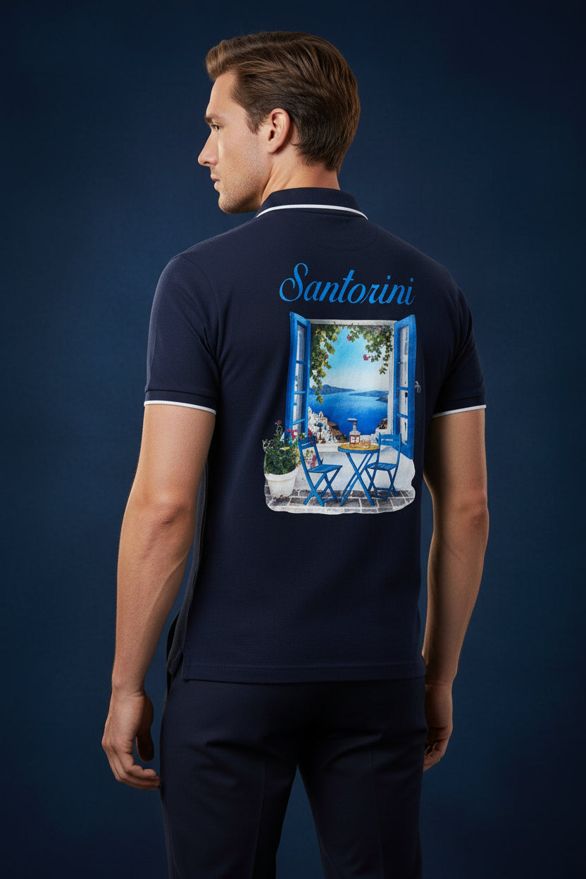 ZotRage navy blue cotton polo shirt with a Santorini coastal view graphic print on the back