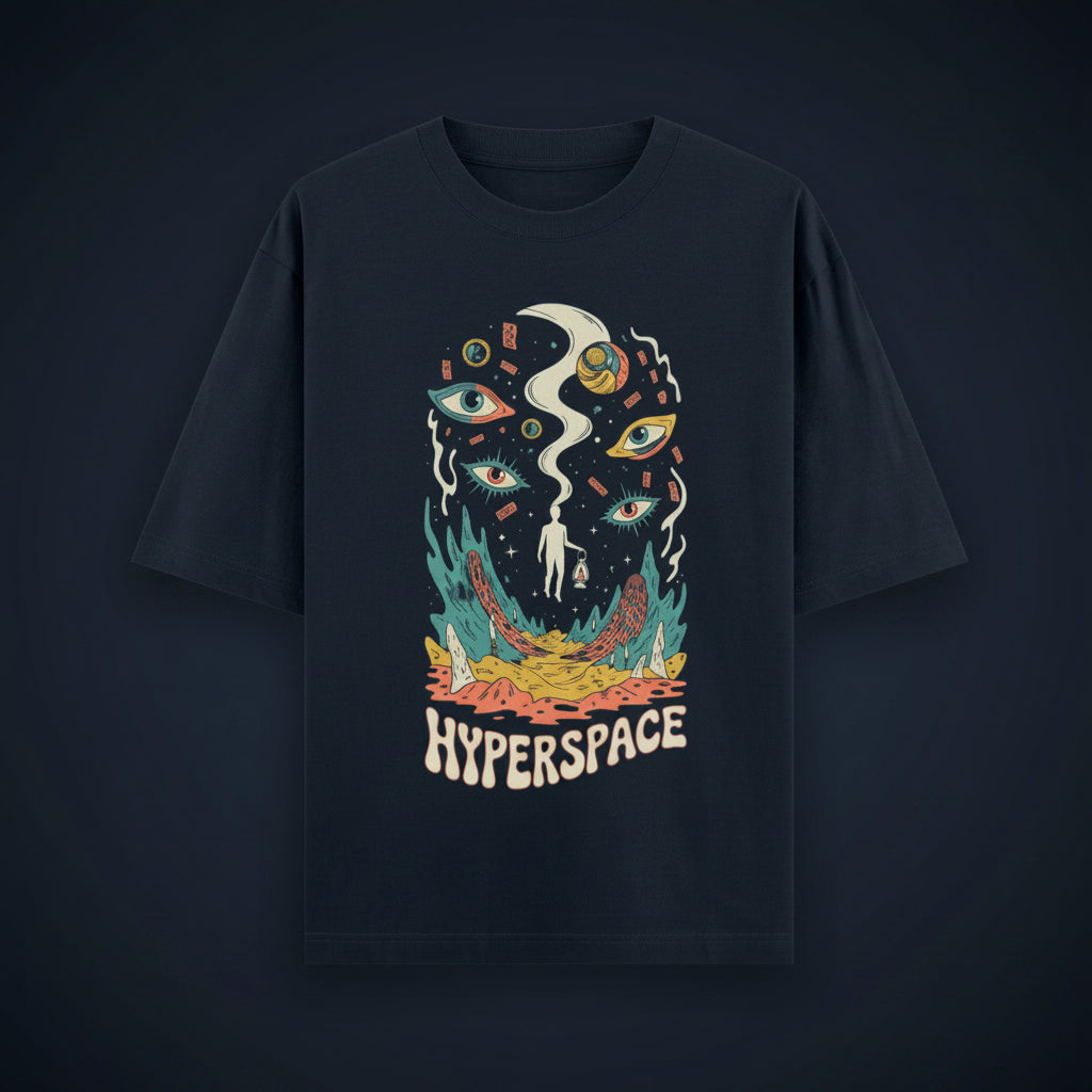 ZotRage navy blue oversized cotton t-shirt featuring a colorful surrealist Hyperspace graphic print on the front.