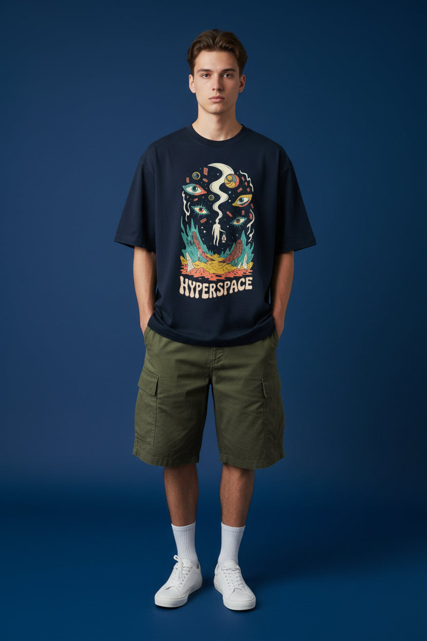ZotRage navy blue heavyweight cotton oversized t-shirt featuring a colorful surreal hyperspace graphic print
