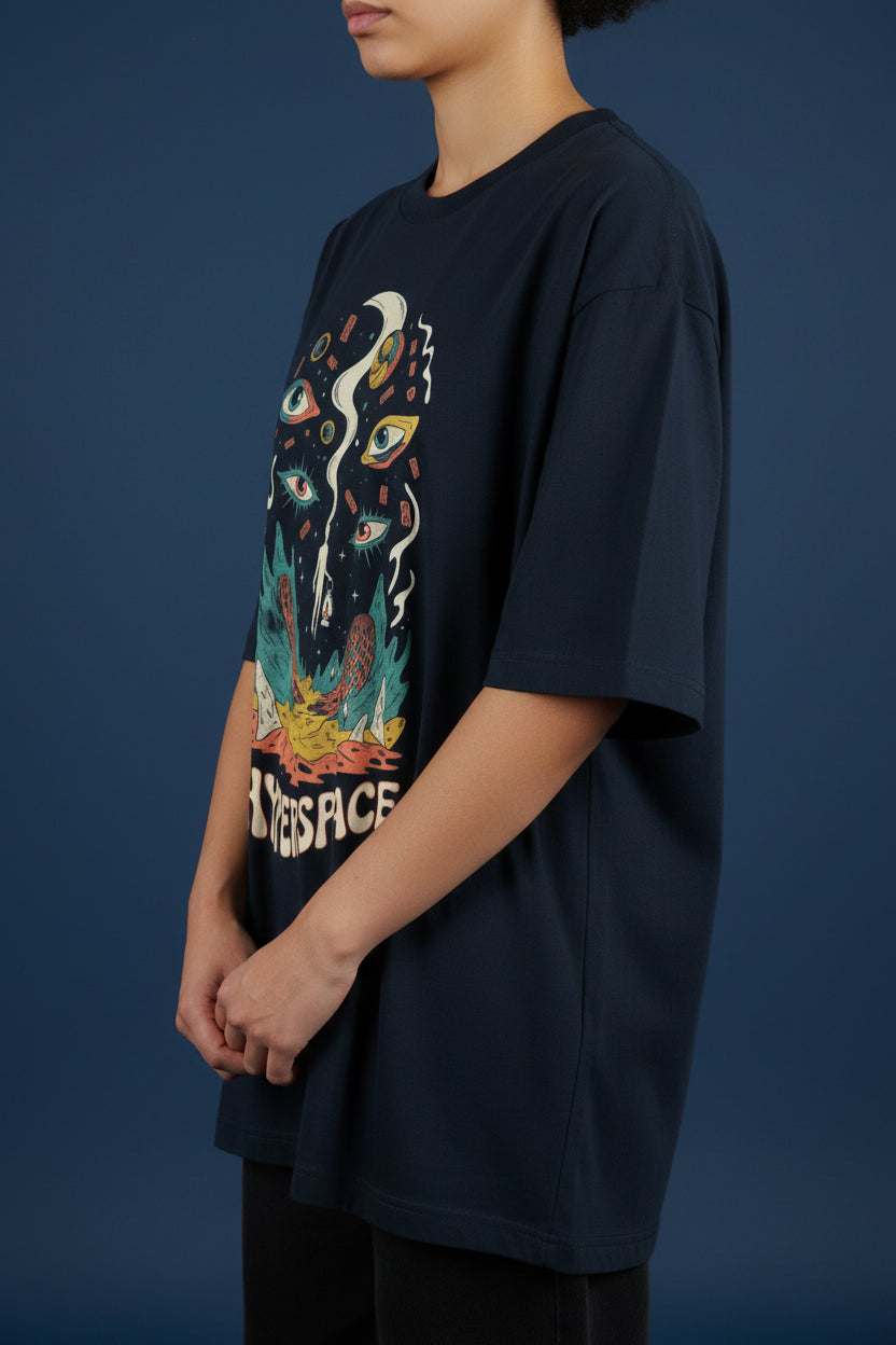 ZotRage navy blue oversized cotton t-shirt featuring a colorful surrealist Hyperspace graphic print on the front.