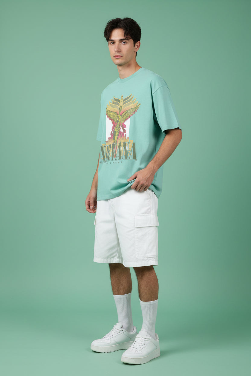 ZotRage mint green oversized cotton t-shirt featuring a vintage Nirvana In Utero graphic print on the front.