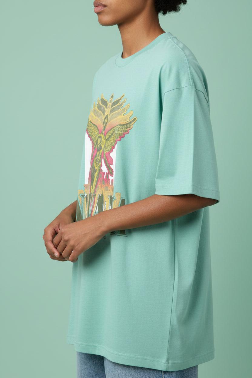 ZotRage mint green oversized cotton t-shirt featuring a vintage Nirvana In Utero graphic print on the front