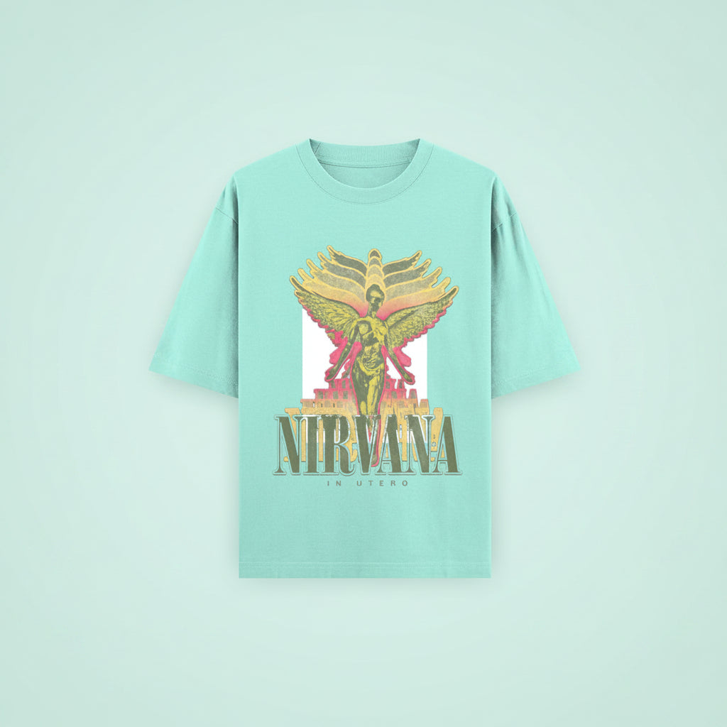 ZotRage mint green oversized cotton t-shirt featuring a vintage Nirvana In Utero graphic print on the front