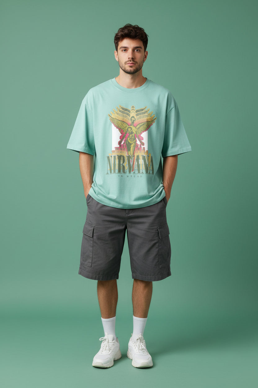 ZotRage mint green oversized cotton t-shirt featuring a vintage Nirvana In Utero graphic print on the front.