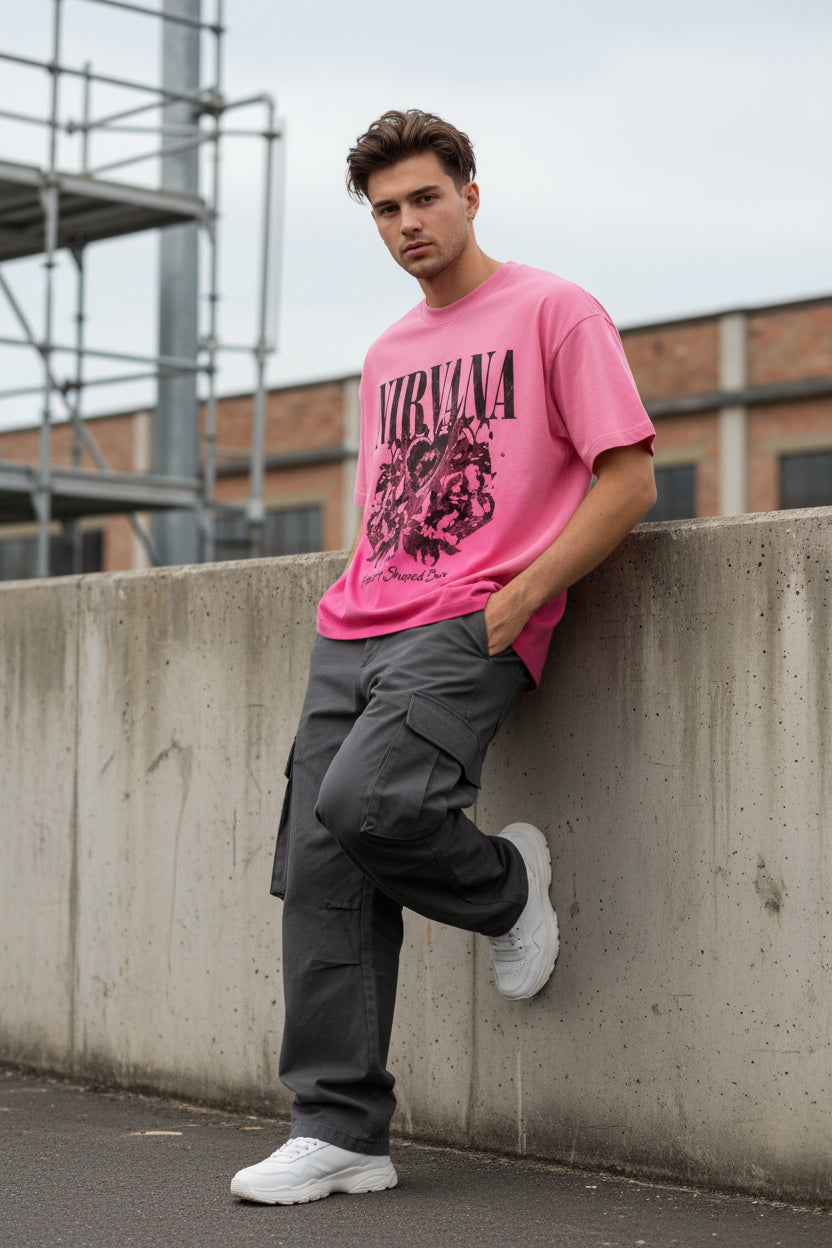 ZotRage Nirvana pink sunfade ombre wash boxy fit t-shirt with Heart Shaped Box graphic print