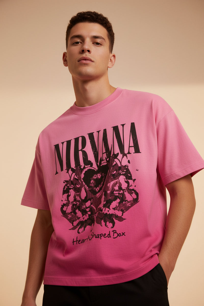 ZotRage Nirvana pink sunfade ombre wash boxy fit t-shirt with Heart Shaped Box graphic print