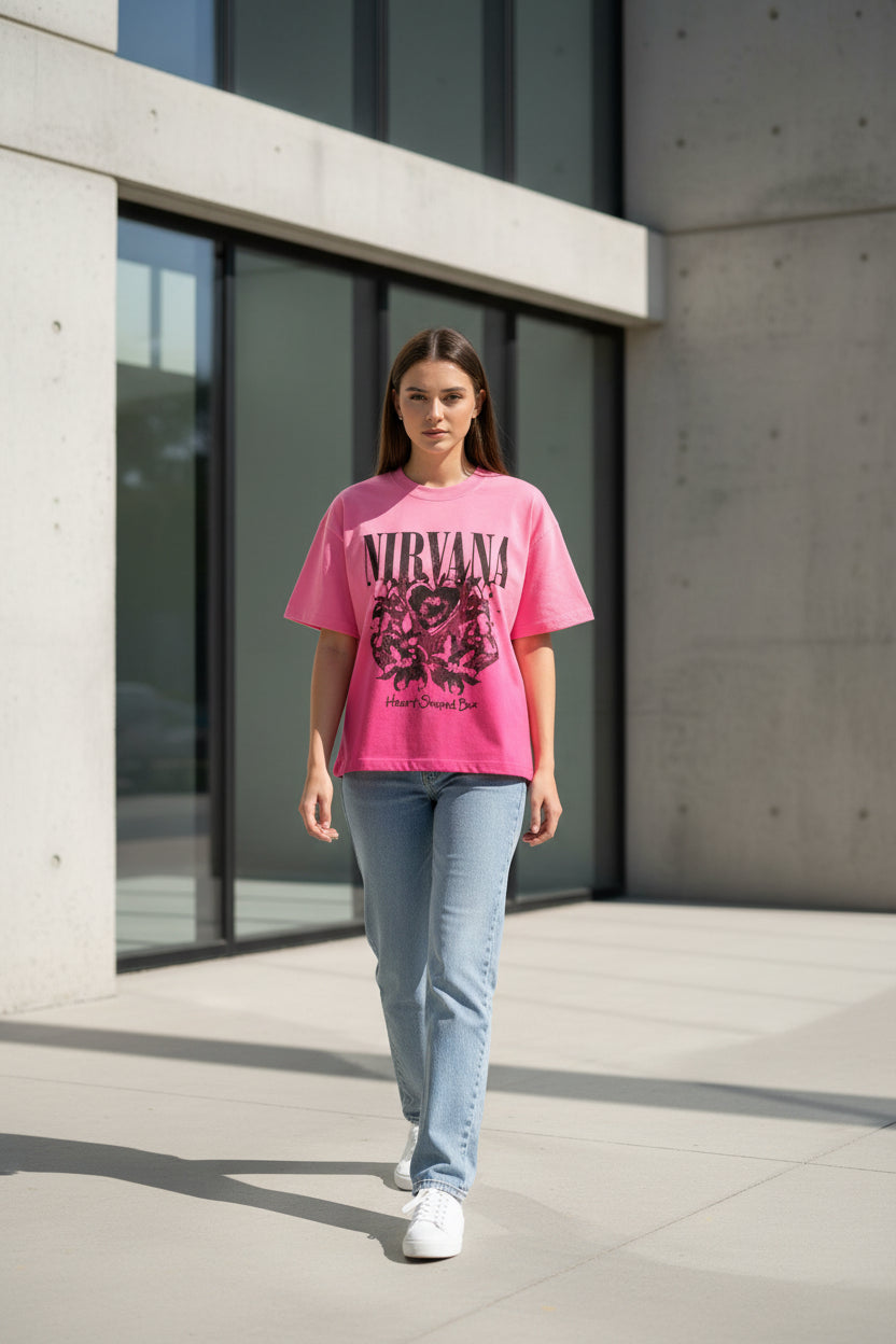 ZotRage pink Nirvana Heart Shaped Box graphic t-shirt with a sunfade ombre wash and boxy fit design.