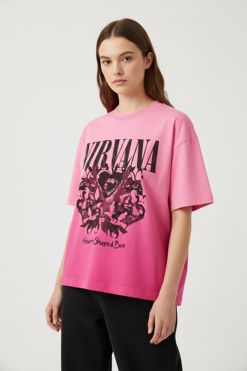 ZotRage pink Nirvana Heart Shaped Box graphic t-shirt with a sunfade ombre wash and boxy fit design.