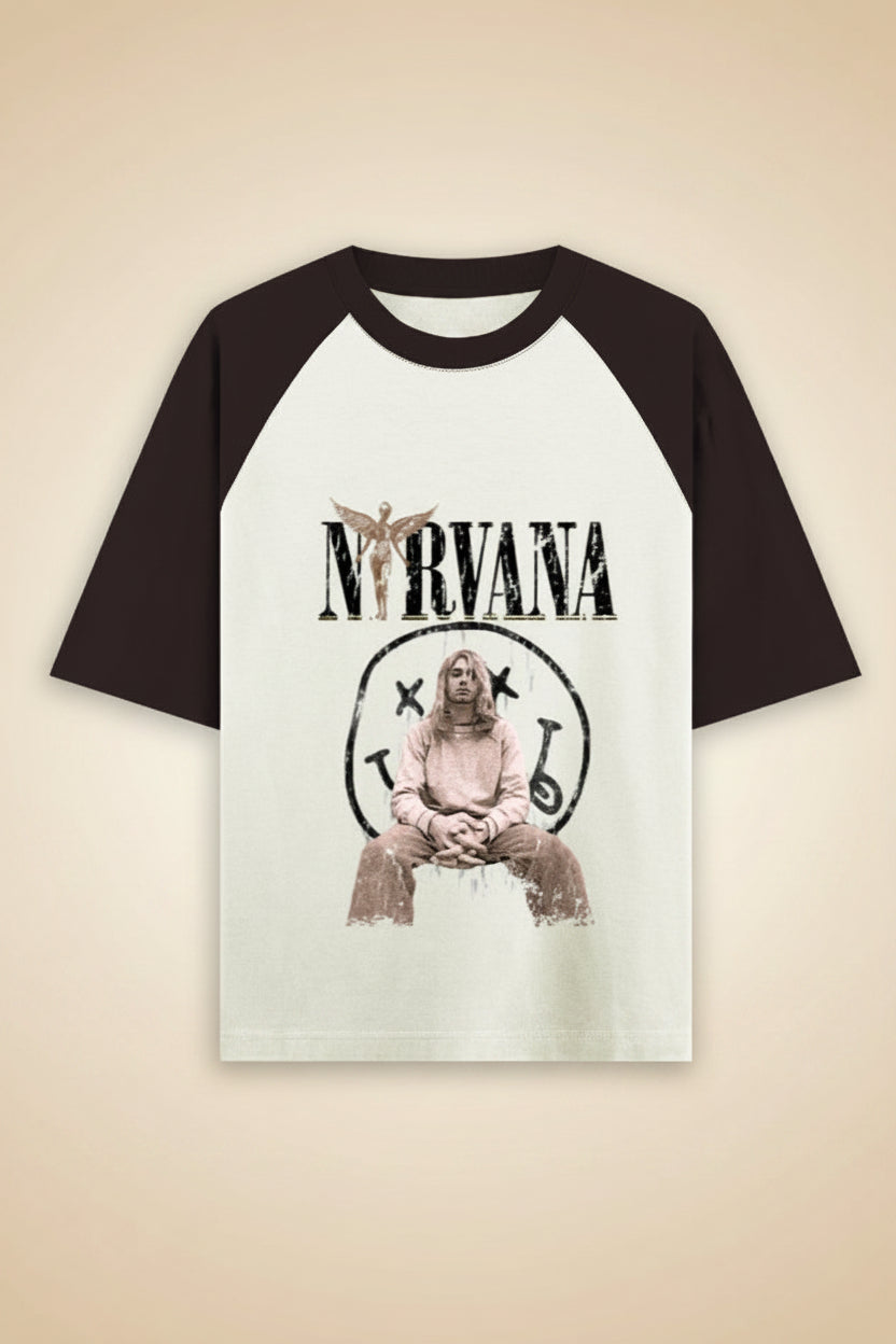 ZotRage Nirvana oversized raglan t-shirt in coffee brown and off-white cotton with a vintage band graphic print.