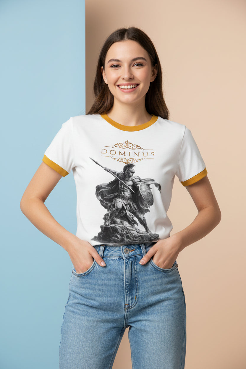 ZotRage off-white 100% cotton ringer t-shirt with a vintage-style gladiator graphic print and mustard ribbed trim.