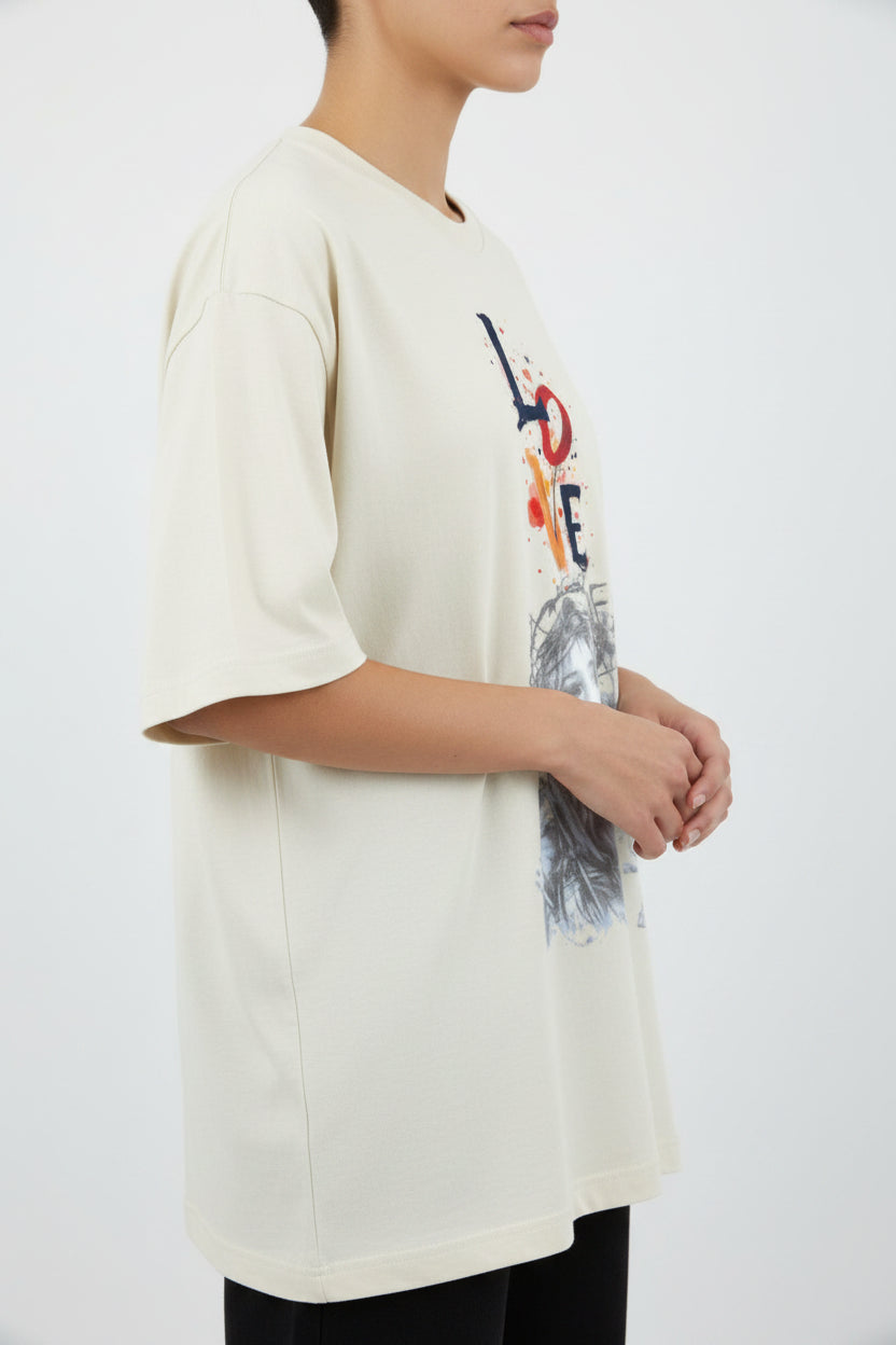 ZotRage off-white heavyweight cotton oversized t-shirt featuring a graphic print of a woman and the word Love