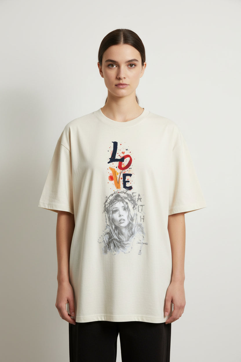 ZotRage off-white heavyweight cotton oversized t-shirt featuring a graphic print of a woman and the word Love