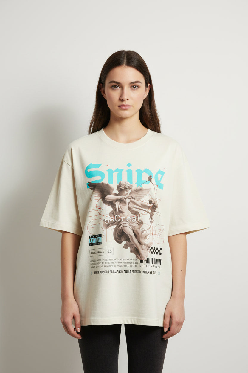 ZotRage off-white heavyweight cotton oversized t-shirt featuring a graphic print of a cherub with a bow and arrow.