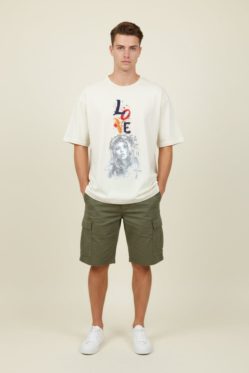 ZotRage off-white heavyweight cotton oversized t-shirt featuring a graphic print of a woman and the word Love