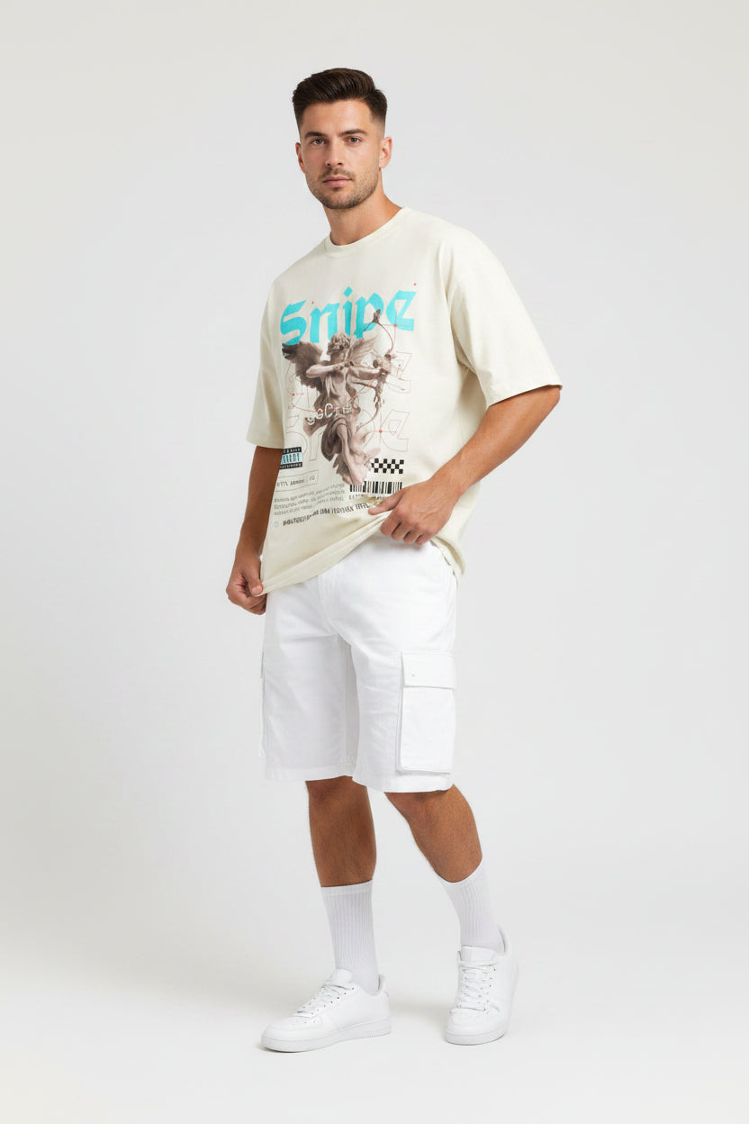 ZotRage off-white heavyweight cotton oversized t-shirt featuring a graphic print of a cherub with a bow and arrow.