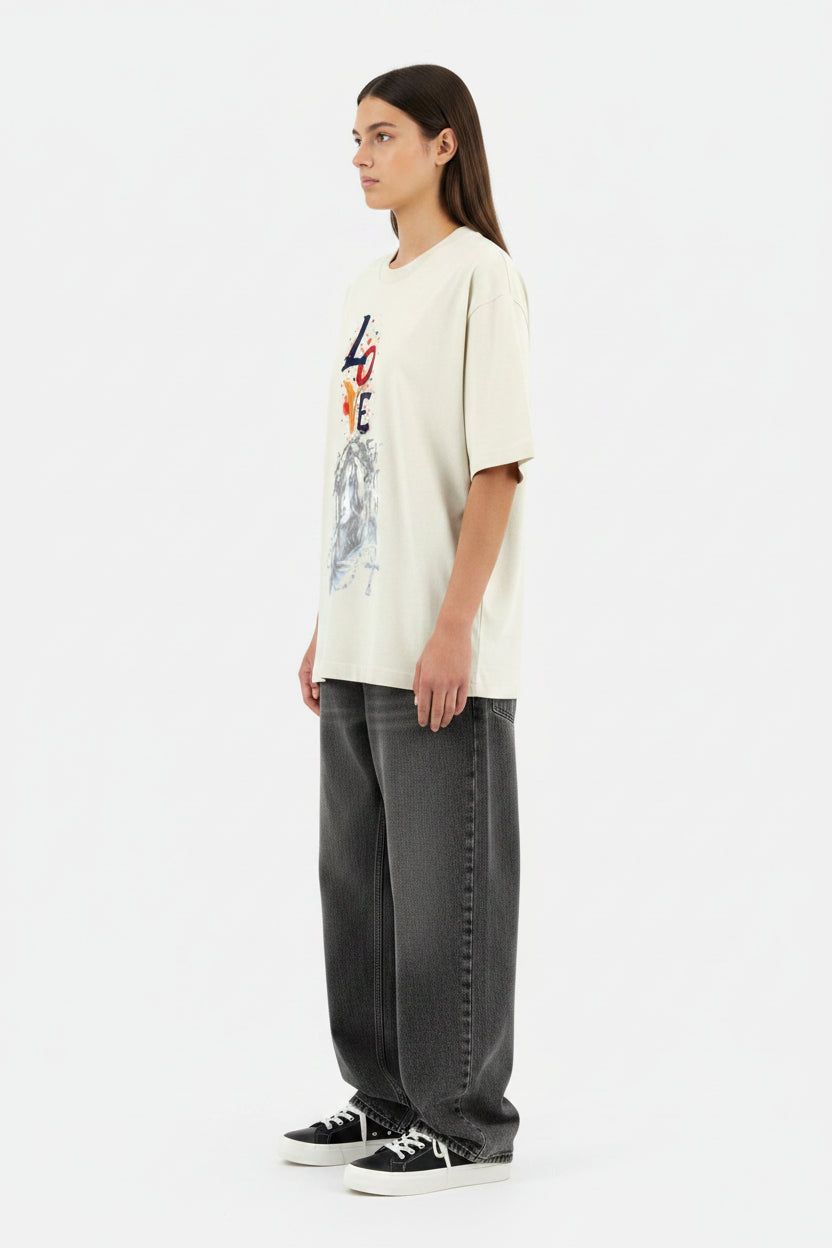 ZotRage off-white heavyweight cotton oversized unisex t-shirt featuring a graphic print of a woman and Love Faith text