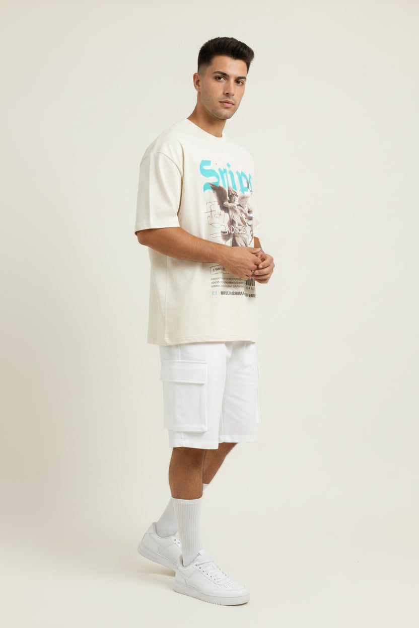 ZotRage off-white heavyweight cotton oversized t-shirt featuring a graphic print of an angel with a bow and arrow