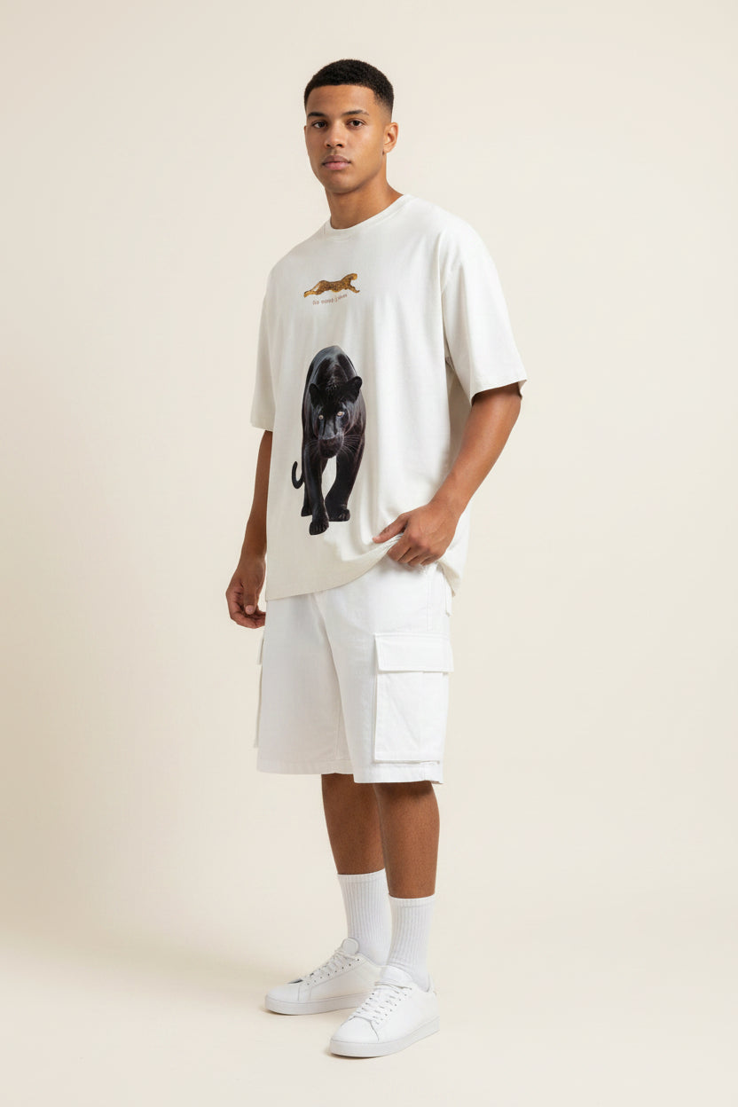 ZotRage off-white oversized t-shirt featuring a large black panther graphic and a small leopard print design.