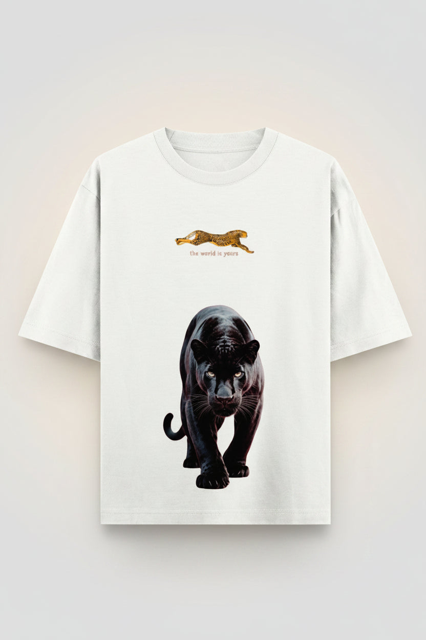 ZotRage off-white oversized cotton t-shirt featuring a black panther graphic and a small leopard print design.