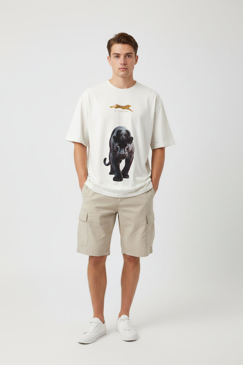 ZotRage off white oversized t-shirt featuring a large black panther graphic and a small leopard print detail