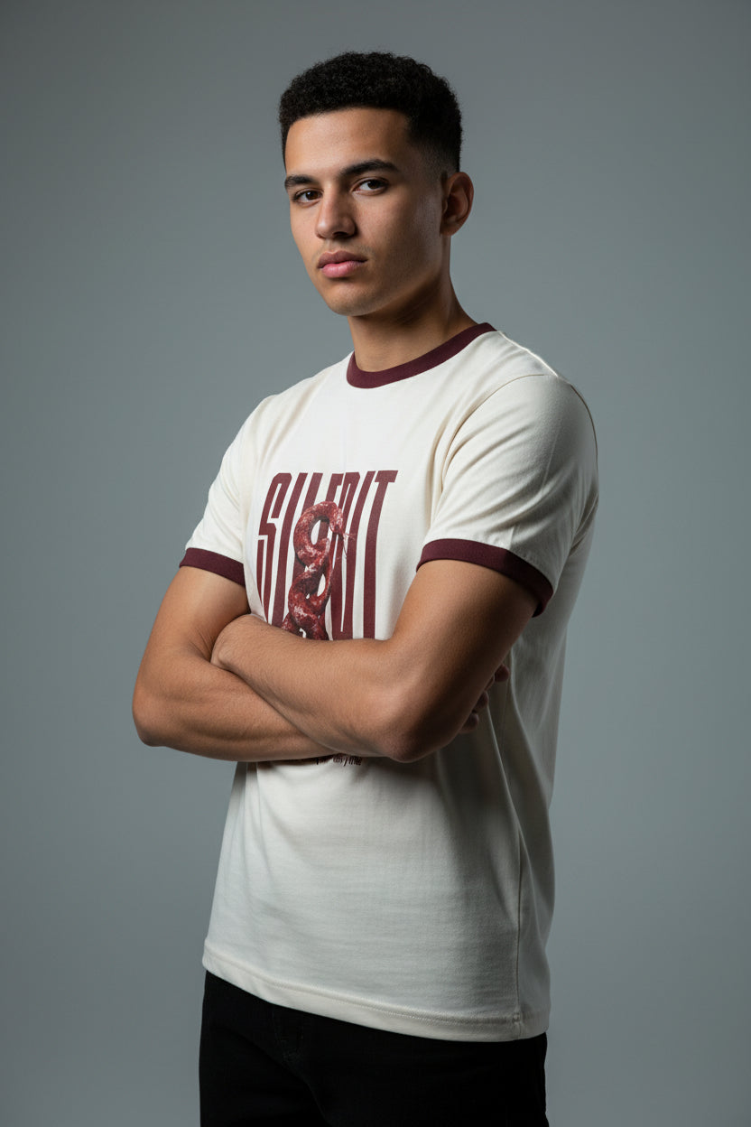ZotRage off-white cotton ringer t-shirt with dark red ribbed neck and sleeve trim featuring a snake graphic print