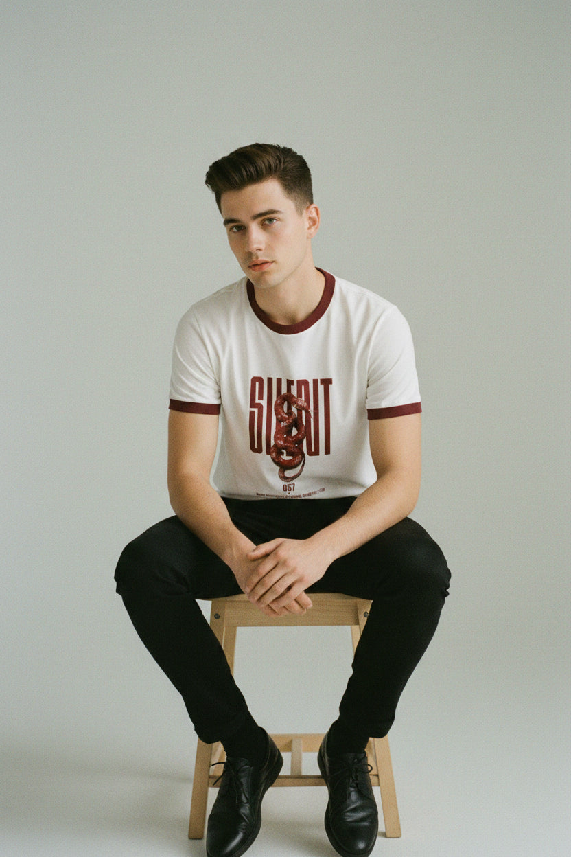 ZotRage off-white cotton ringer t-shirt with a dark red ribbed neck and a graphic print of a snake and text.