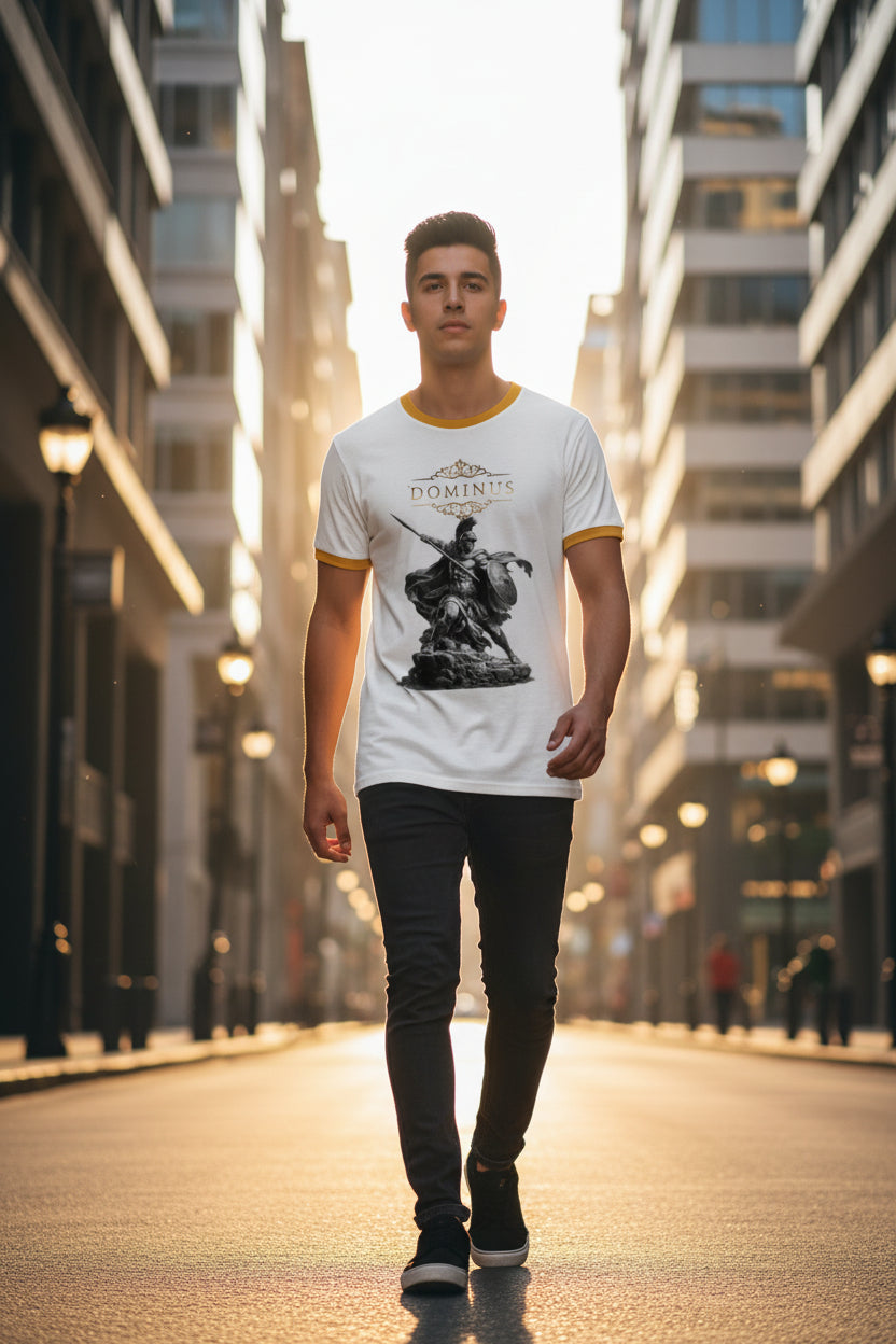 ZotRage off-white 100% cotton ringer t-shirt with a vintage-style gladiator graphic print and mustard ribbed trim.