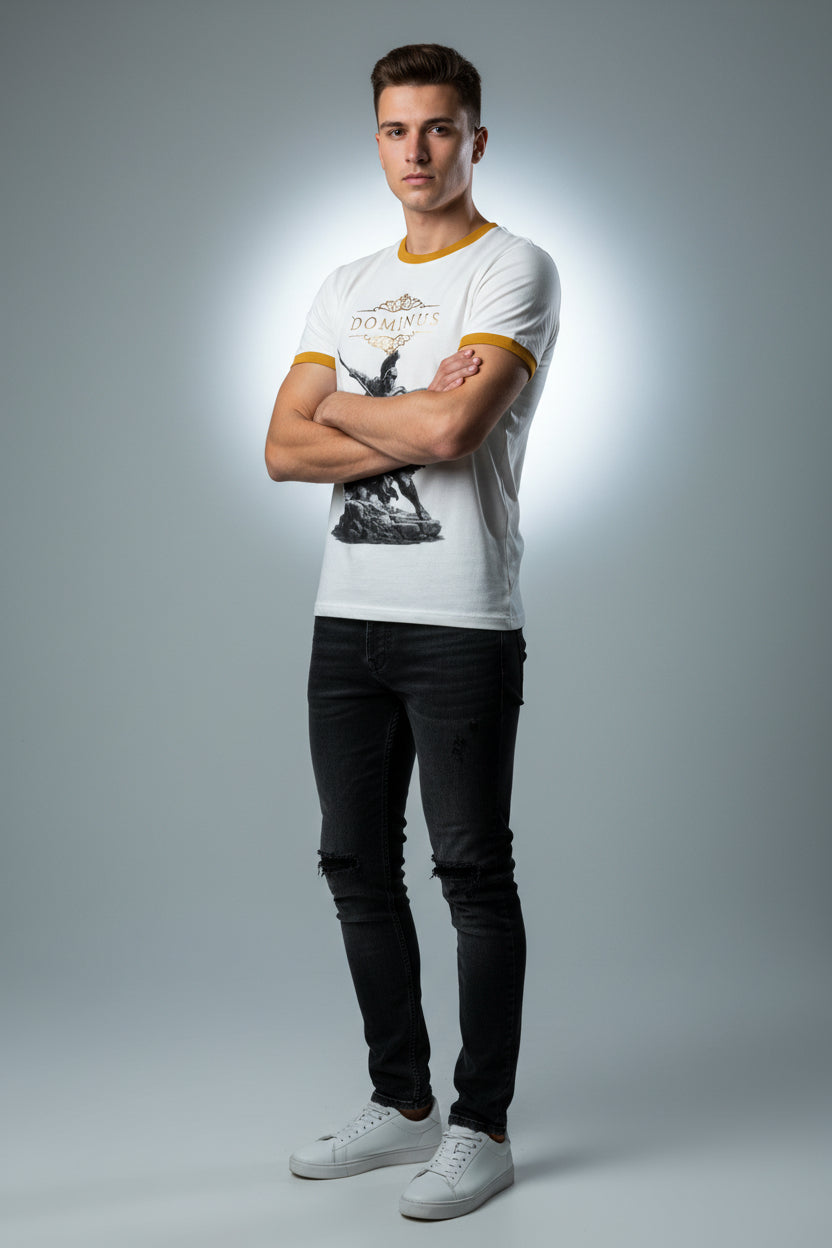 ZotRage off-white 100% cotton ringer t-shirt with a vintage-style gladiator graphic print and mustard ribbed trim.