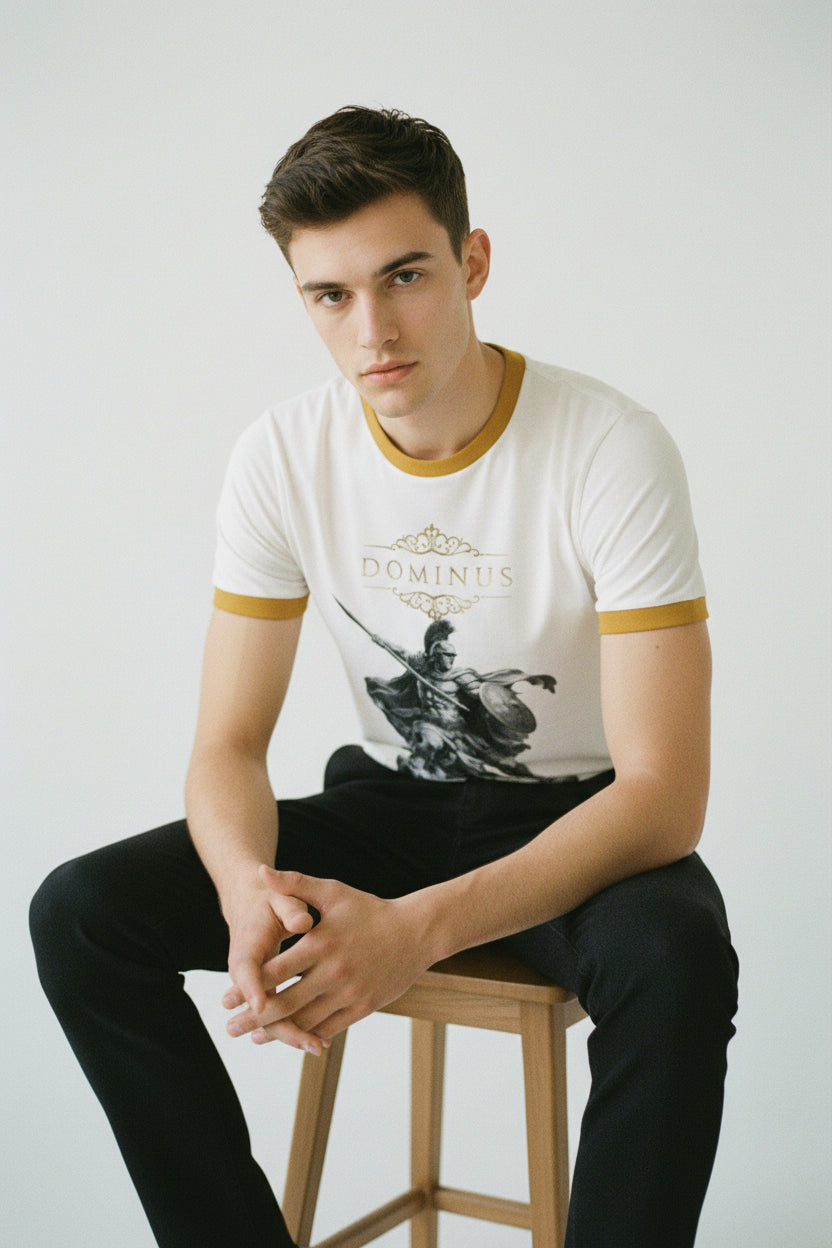 ZotRage off-white 100% cotton ringer t-shirt with a vintage-style gladiator graphic print and mustard ribbed trim.