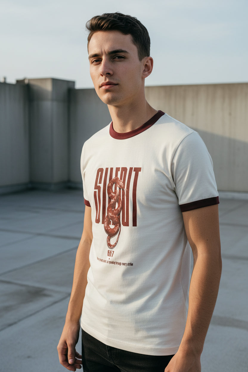 ZotRage off-white cotton ringer t-shirt with dark red ribbed collar, sleeves, and a graphic snake print design.