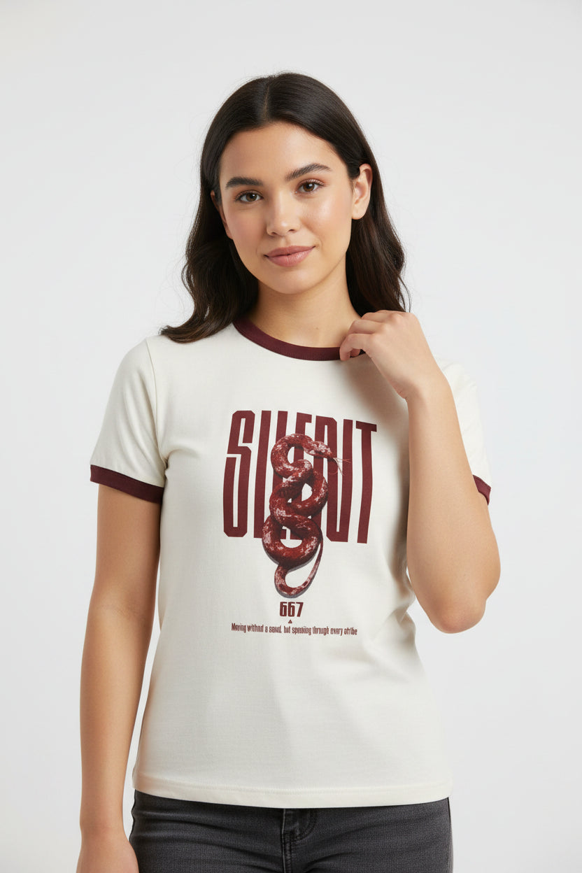 ZotRage off-white cotton ringer t-shirt with dark red ribbed collar, sleeves, and a graphic snake print design.