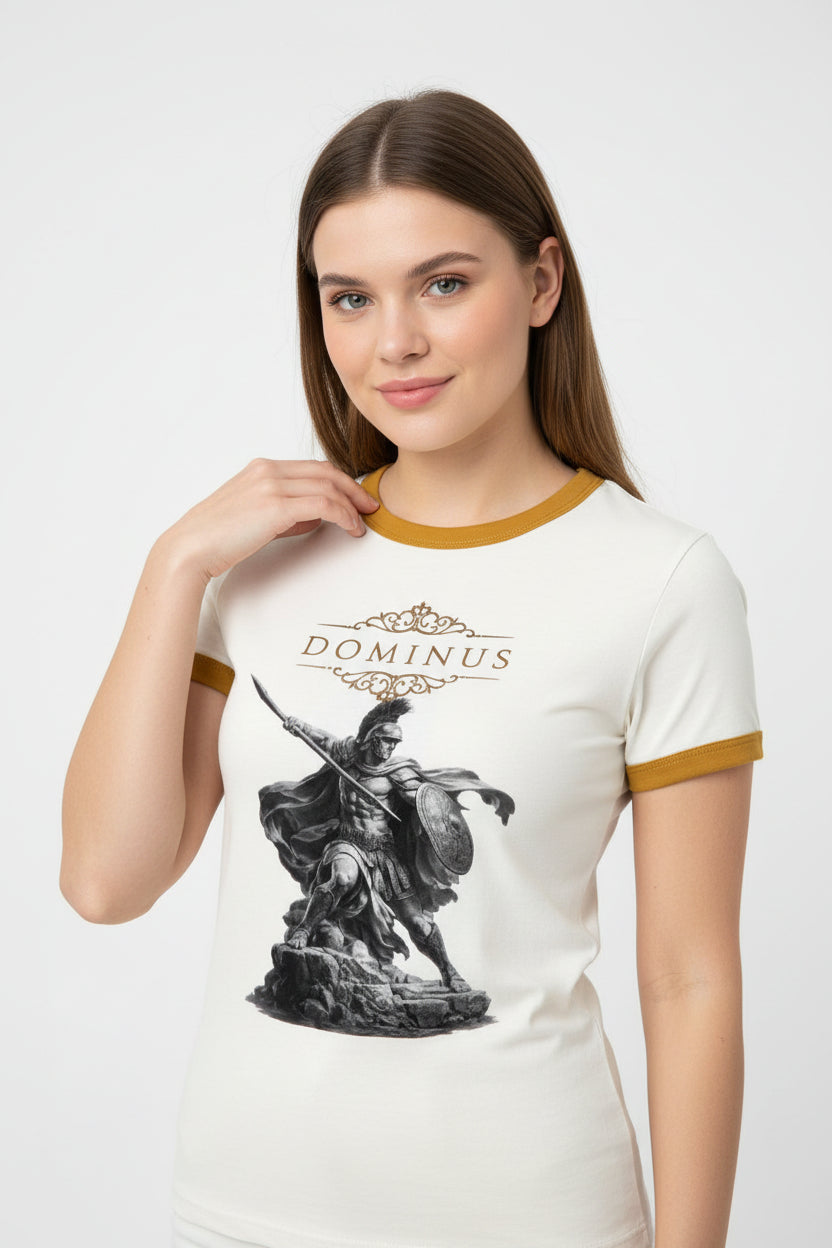 ZotRage off-white 100% cotton ringer t-shirt with a vintage-style gladiator graphic print and mustard ribbed trim.