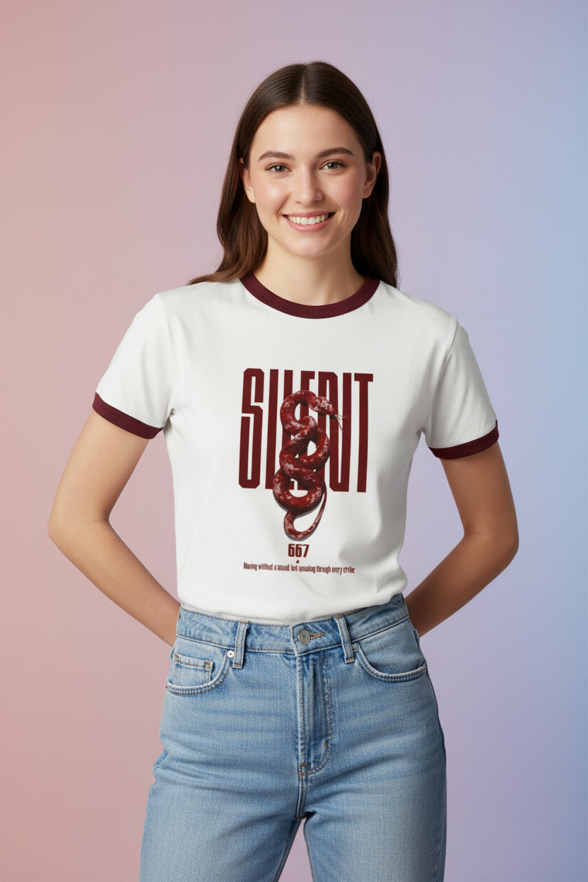 ZotRage off-white cotton ringer t-shirt with dark red ribbed neck, sleeves, and a graphic snake print design.