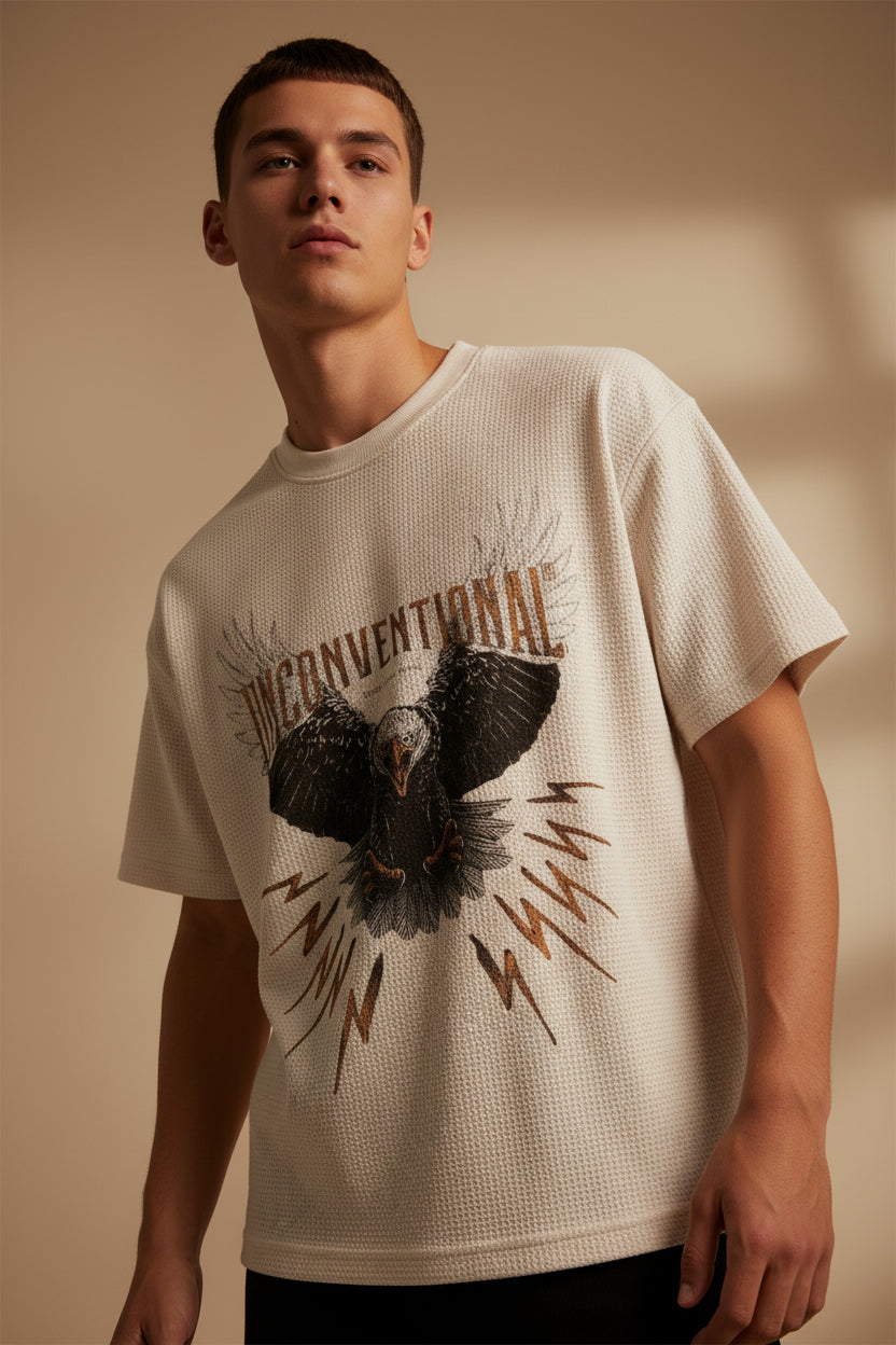 ZotRage off-white waffle knit cotton t-shirt featuring a graphic eagle print and Unconventional text design.