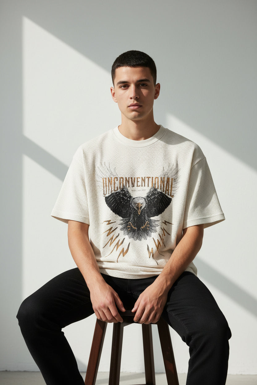 ZotRage off-white waffle knit cotton t-shirt featuring a graphic eagle print and Unconventional text on the chest.