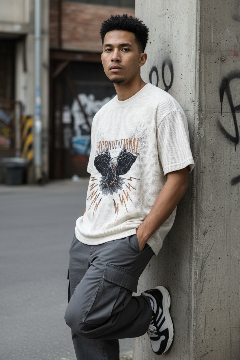 ZotRage off-white waffle knit cotton t-shirt featuring a graphic eagle print and Unconventional text on the chest.