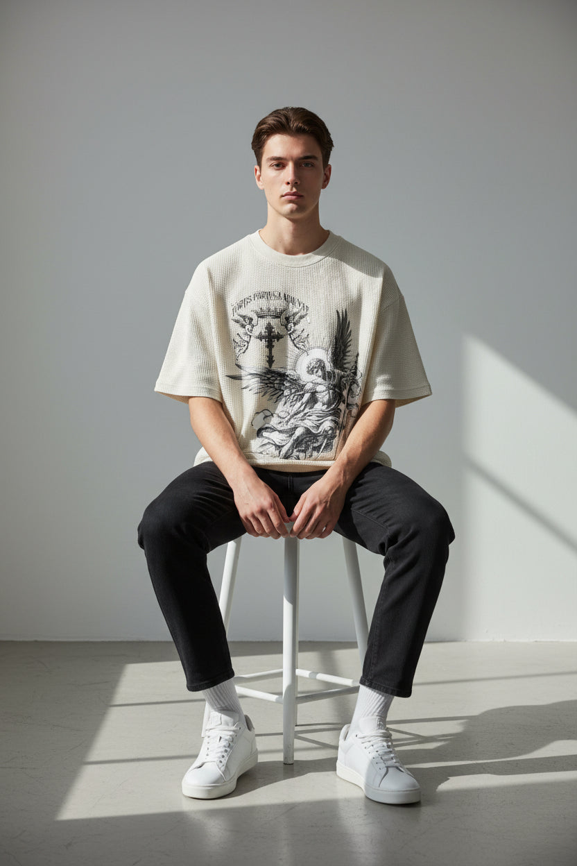 ZotRage off-white waffle knit boxy t-shirt featuring a detailed black graphic of an angel with a sword and crown.