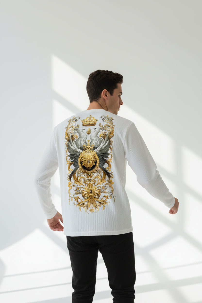 ZotRage off-white waffle knit long-sleeve shirt featuring a detailed gold and silver eagle crest back print.